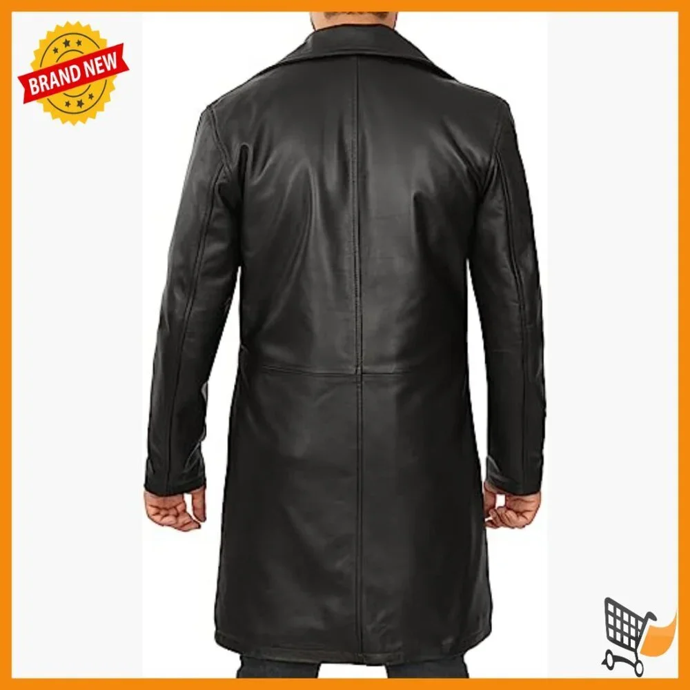 Men's Lambskin Leather Car Coat, Knee Length, Button Front, Lapel Collar